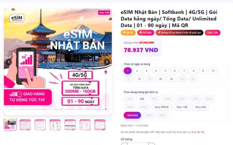 Thế giới eSIM cung cấp các gói Unlimited Nhật Bản từ 78.000đ, giúp bạn lướt data 5G thả ga xuyên suốt hành trình.